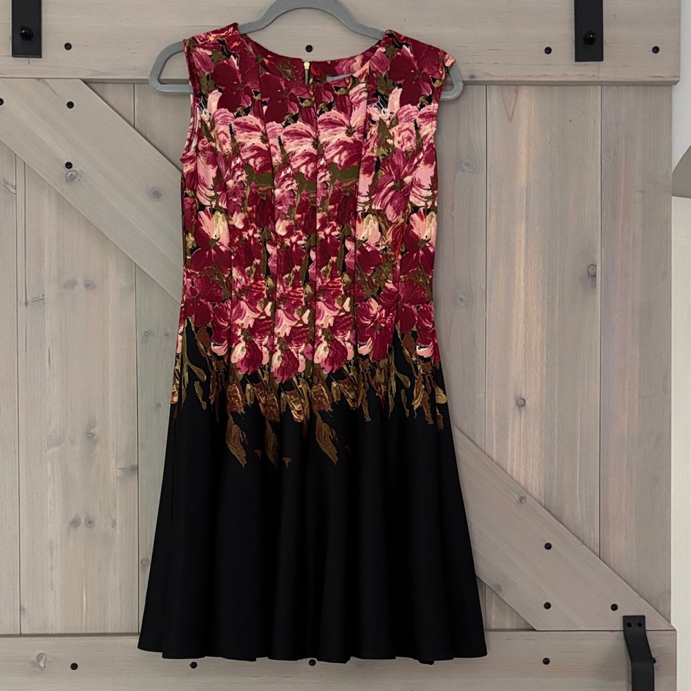 Danny & Nicole Asymmetrical Floral Dress - Burgundy and Black